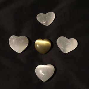 5 crystal hearts (4 selenite/satin spar, 1 yellow cat's eye)